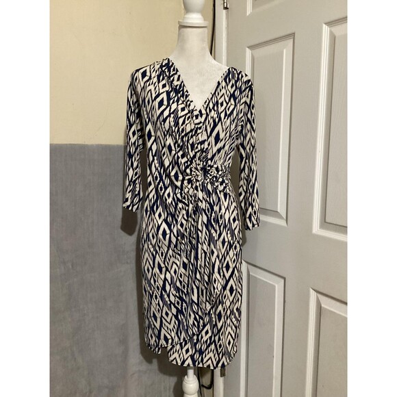 Tommy Bahama Dress Womens XS Blue White Ikat Faux Wrap Knot Front 3/4 Sleeve - Picture 1 of 6